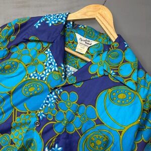 Paradise Hawaii Shirt Blue 60s Floral Cotton Loop Collar Vintage Medium